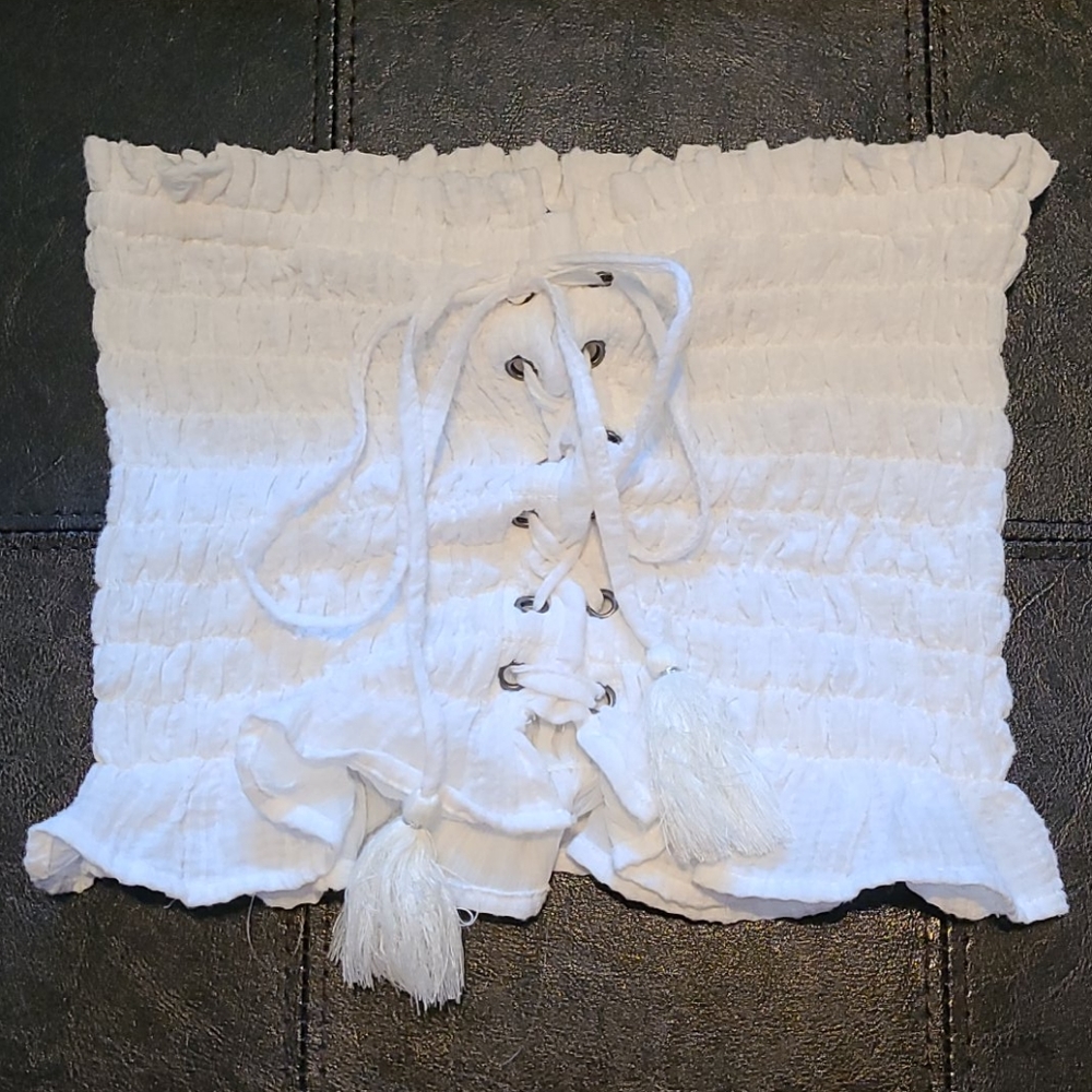 American Eagle Outfitters White Smocked Lace-Up Tube Tank Top